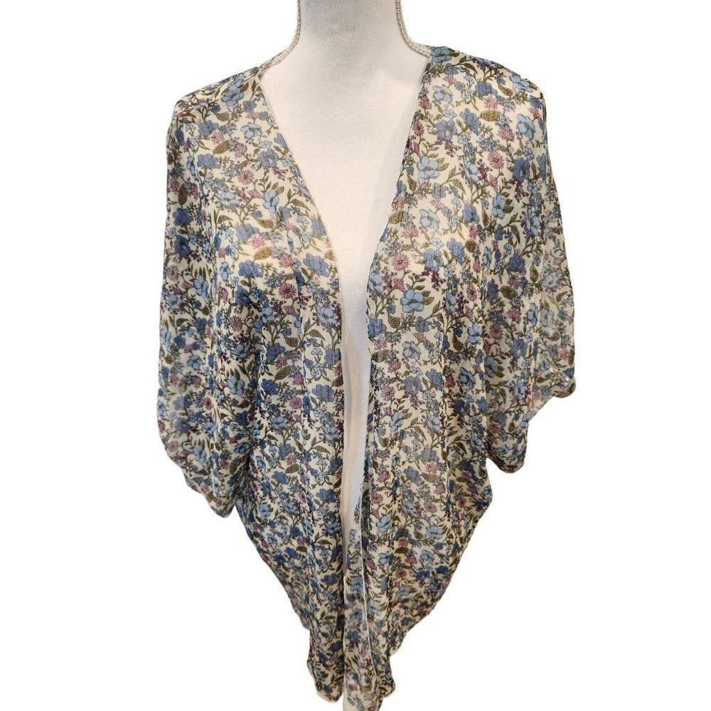 Living Doll Los Angeles Blue Green Pink Sheer Floral Cover Up Open Front Top